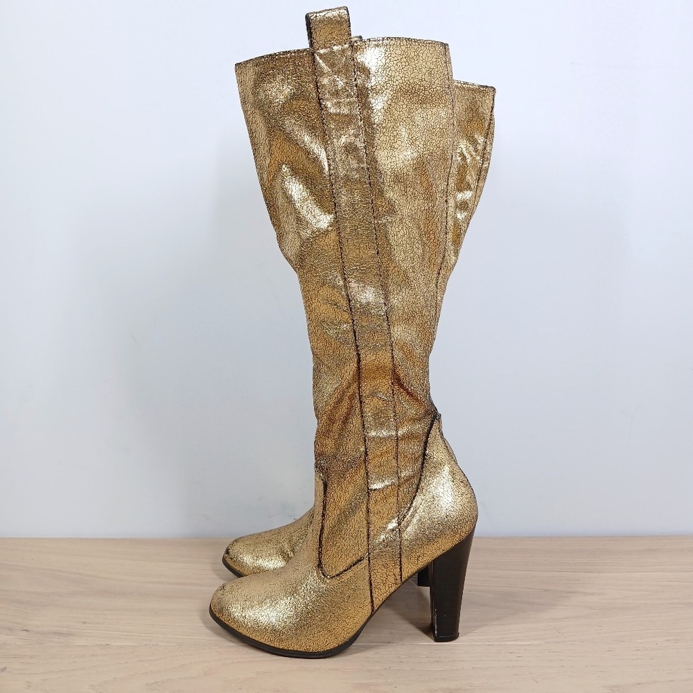 Vintage Newport News Boots Gold Tall Heel Glam Round Toe Statement Piece